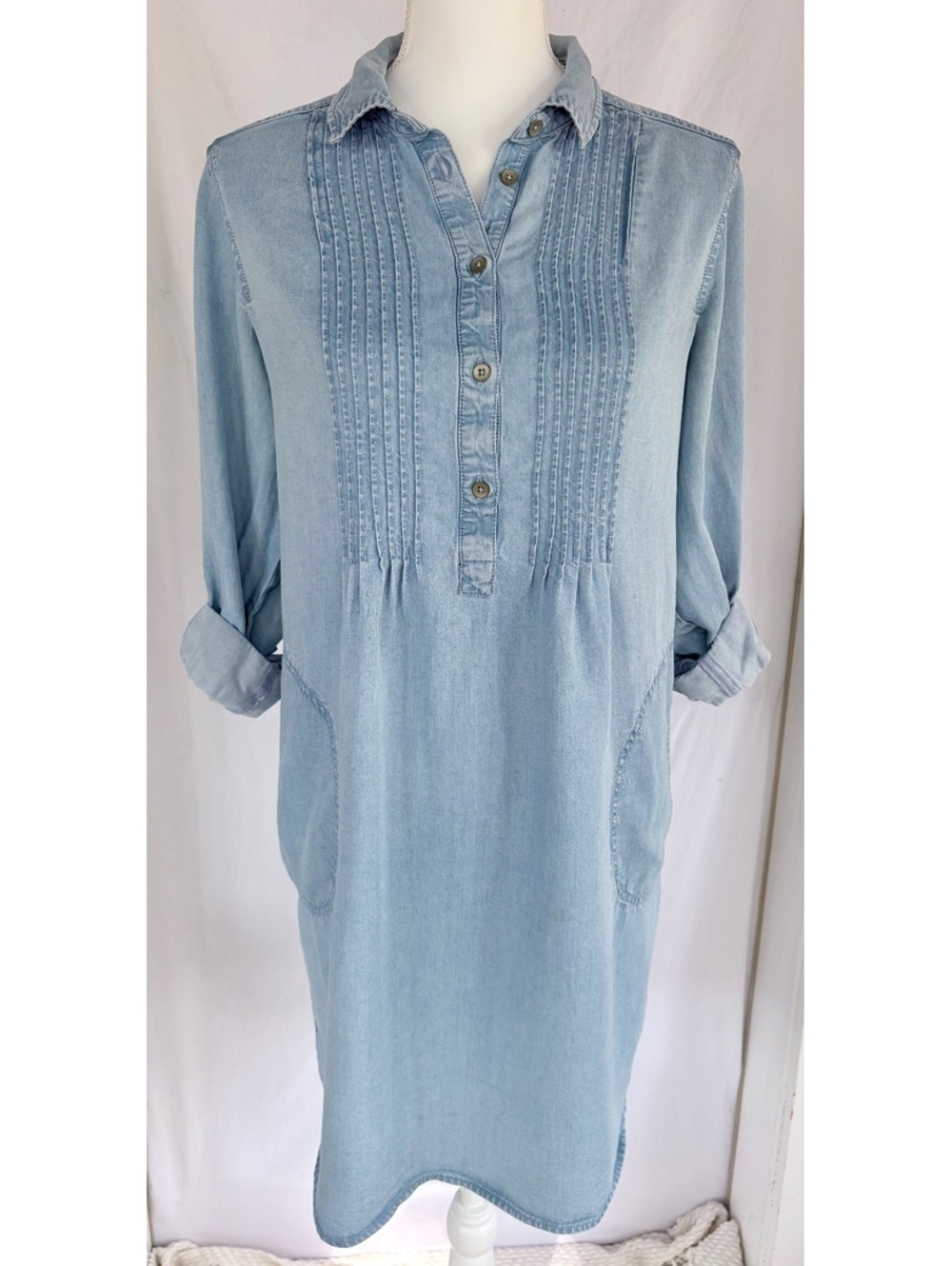 J Jill Denim Tencel Lyocell Pintuck Shift Shirt Dress Medium Blue Wash